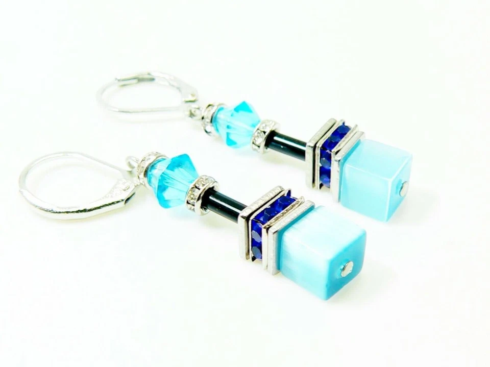 Ohrringe Ohrhänger Cube Würfel Cat Eye Kristall Glas türkis Strass blau 500i - Bild 3 von 4