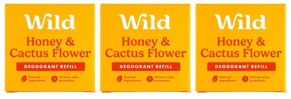 3 x Wild Natural Deodorant Refills. Honey & Cactus Flower Fragrance. Natural.