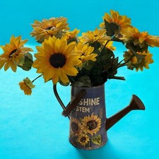 Sunflower Faux Flower Arrangement Metal Watering Can 19" tall