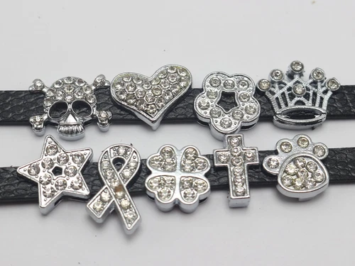 10 Assorted Silver Alloy Flower Crown Slide Charms Fit 10mm Wristband Pet Collar