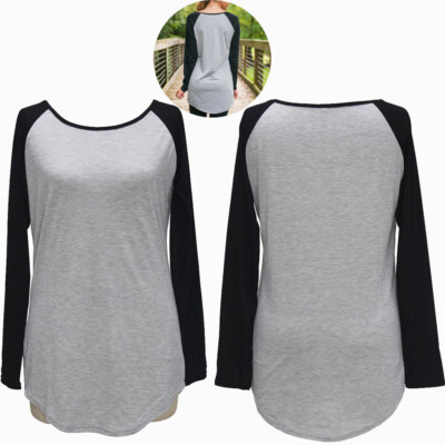 US Womens Cotton Color Block Raglan Long Sleeves Lightweight T-shirt Basic Tops