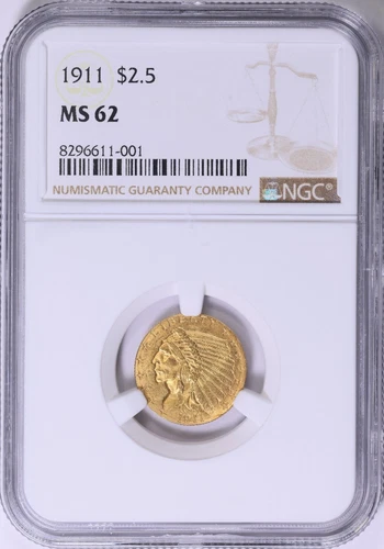 1911 INDIAN HEAD $2.5 QUARTER EAGLE GOLD NGC MS62