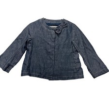 Talbots The Jackie Fit Womens SZ 2 Blazer Linen Blue Bow Hidden Buttons Boho