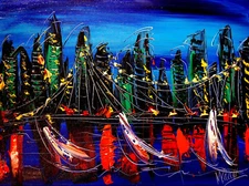 M. KAZAV  -  BLUE CITY  Supeb Oil Painting   abstract SIGNED  Original owdfw