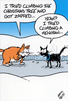 NOBLEWORKS Got Zapped Cats Sharing Stories Funny Interfaith Hanukkah / Christmas Card