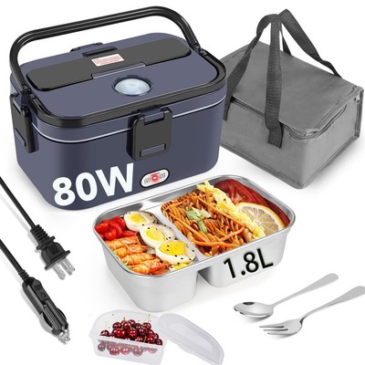 Electric Lunch Box 80W for Adults 1.8L Lunch Warmer with 2 Compartments for T...