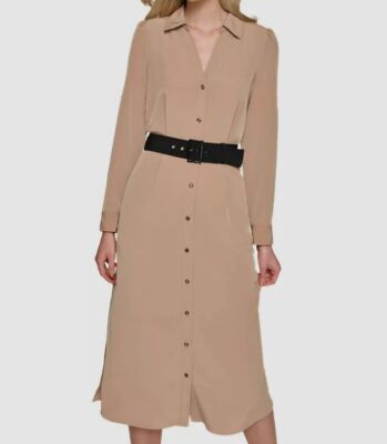 Karl Lagerfeld Paris Womens Beige Belted Midi Shirtdress Size 10