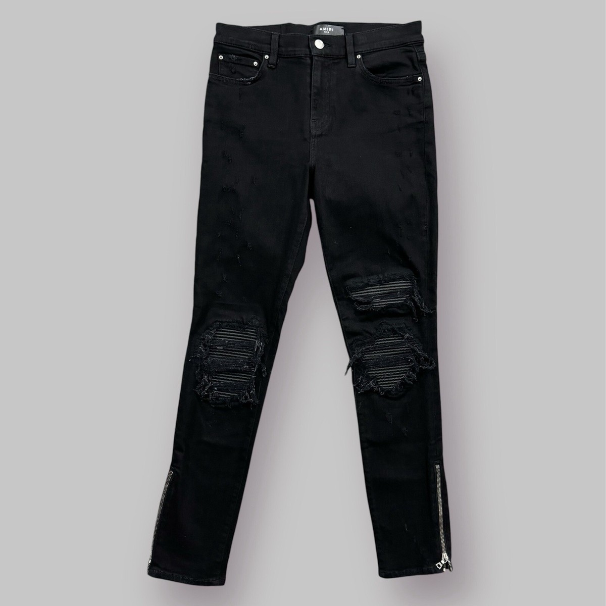Amiri Mx1 ブラック 28 AMIRI Womens Black MX1 Moto Edgy Ripped Leather Patch Zipper Hem