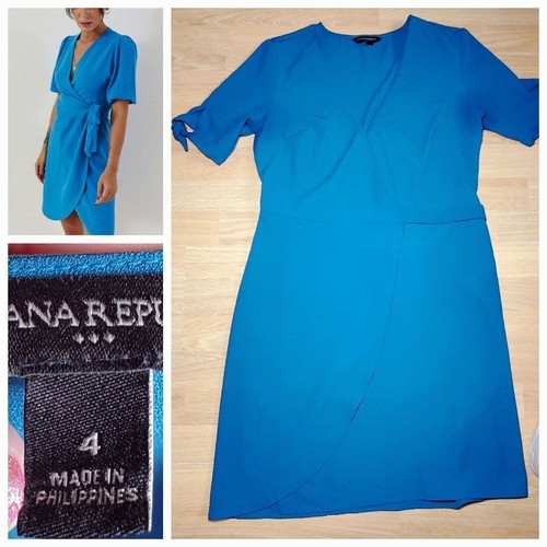 Banana Republic Dress Womens Size 4 Teal Blue Wrap V Neck Bow Vacation Cruise