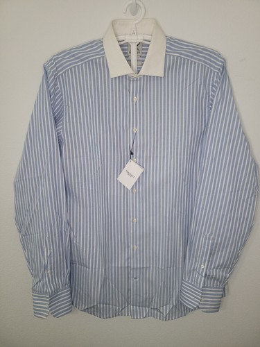 Neu mit Etikett Hackett Mayfair London schmale Passform 17 43 weiche Streifen 170 blau weiß Hemd