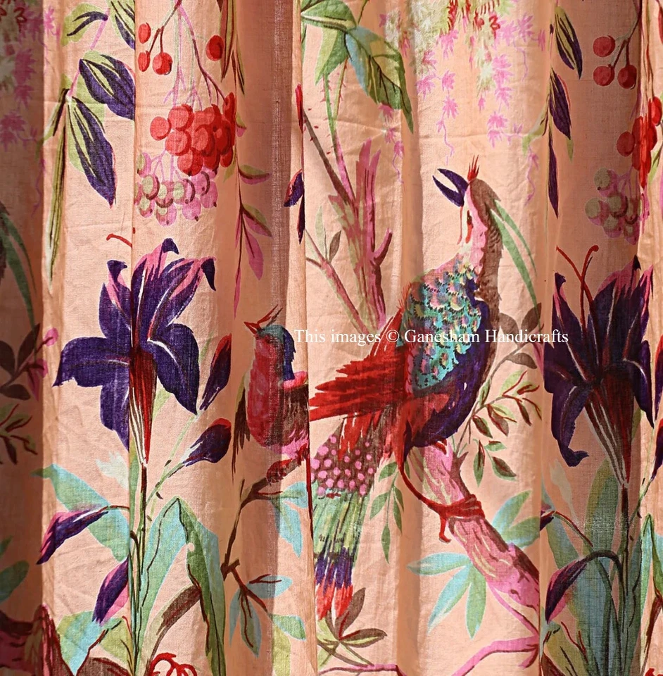 Cortinas boho vintage indias de algodón con estampado de pájaros decoración de ventanas cortina de melocotón Foto 2 de 3