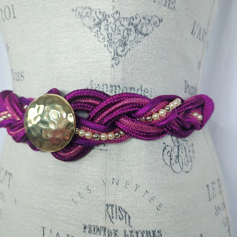 Cinturón de cuerda púrpura vintage pequeño trenzado dorado Foto 3 de 4