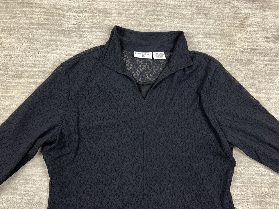 Топ женский Kathy Ireland очень большой черный кружевной рукав 3/4 vneck с воротником повседневный - Изображение 2 из 4