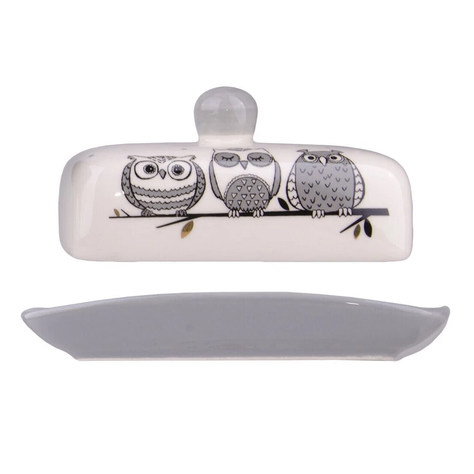 STPGOODS OWLS Plato de Mantequilla Cerámica Guardián de Mantequilla De Colección Gris Plato con Tapa 6.7x5.1 Foto 4 de 4