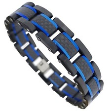 Electric Blue Black Carbon Fiber Bracelet Mens Stainless Steel 8-inch Link Cuff