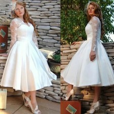 Simple V Neck Long Sleeves Wedding Dresses Satin A Line Tea Length Bridal Gown