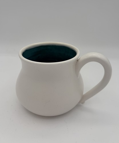 Matte White Teal Round Belly Whimsical Studio Art Pottery Mug 16oz Signed