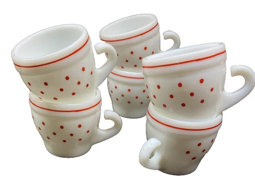 6 Vtg Cerve Milk Glass Cups Made In Italy Red Dots Open Hooked Handle Christmas