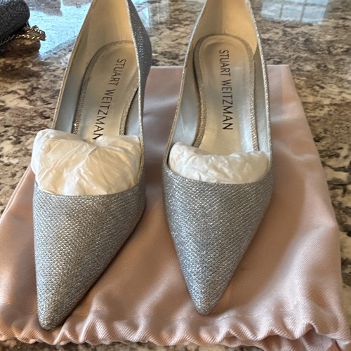 Stuart Weitzman Silver Glitter Pointed Toe Stiletto Pump Heels US 9 B