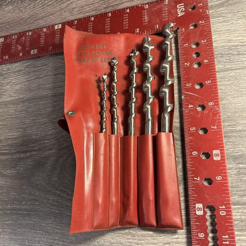 Vintage Supreme Solid Center Auger Bit Set - 5 Bits in Red Vinyl Roll Pouch - Afbeelding 1 van 5