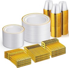 600 PCS Gold Disposable Dinnerware Set for 100 Guests Plastic Plates for Party