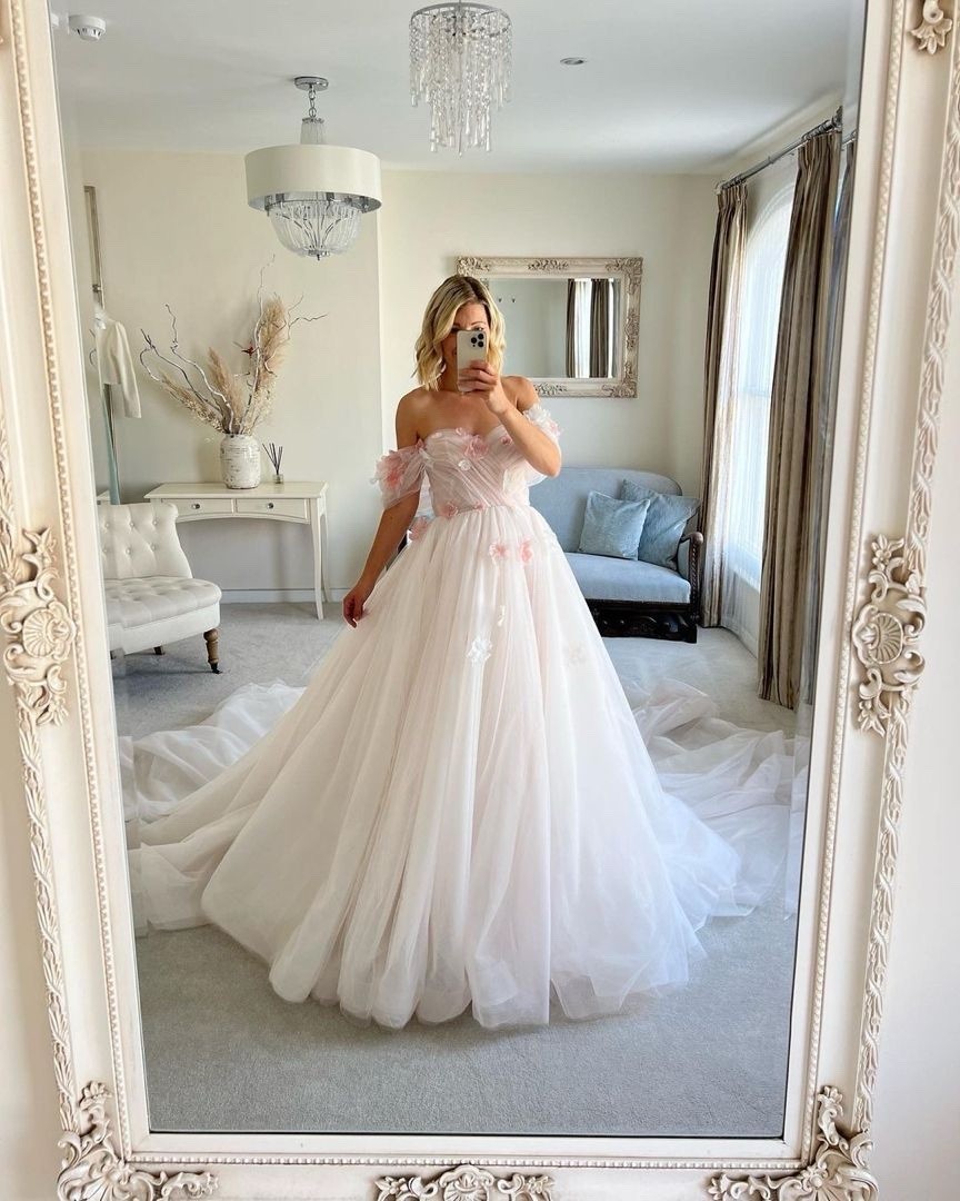 Milla Nova Off-Shoulder Ivory Pink Floral Ball Gown Wedding Dress with  Train | eBay