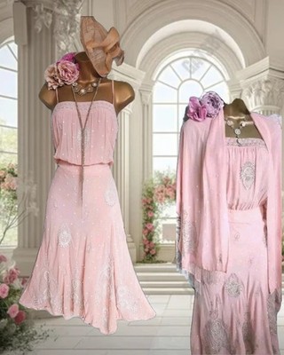 Monsoon vtg Y2k pink 20s Deco silk beaded occasion wedding cami dress scarf 8 10