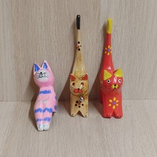 Wooden Folk Art Cat Figurines Lot Of 3 Hand Painted Small