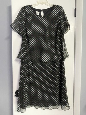Vintage J.B.S Black Polka Dot Midi Secretary Dress Ruffle Chiffon Overlay 16W