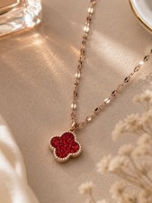 18K Gold-Plated Stainless Steel Red-Black  Clover Pendant Necklace