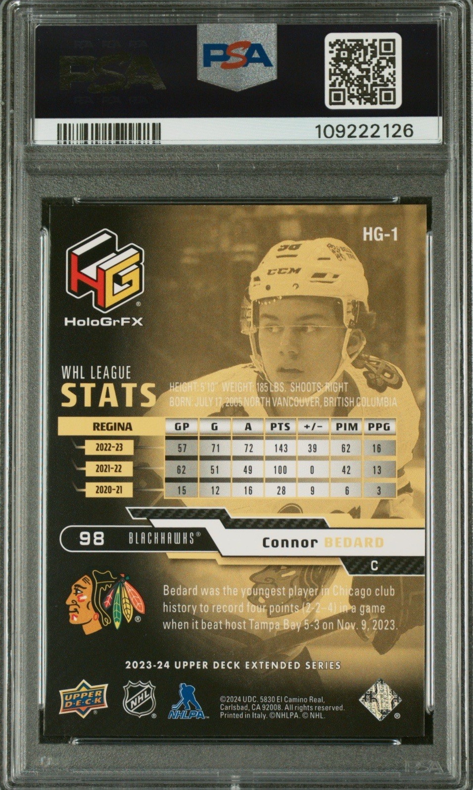 2023-24 Upper Deck - Connor Bedard - Hologrfx Gold Parallel (RC) - PSA 8 view 2