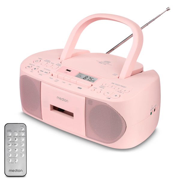 Medion Life E65010 Boombox UKW Stereo Radio CD Kassette MP3 USB AMS 30W Rosa-image