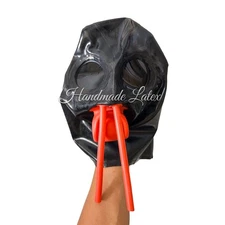 Latex mask with eye glass 15cm long nose tube red teeth back zip 0.4mm