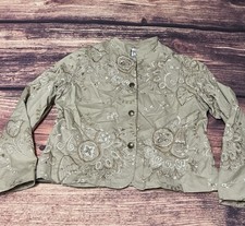 Chico  s Embroidered Button Up Jacket, Lined, Floral/Paisley Design , Tan - 2