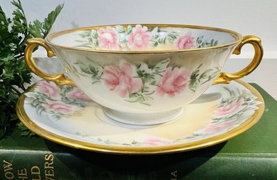 Limoges JPL  Signed Floyd Hand-Painted Roses Gold Bouillon Cup & Saucer c1850