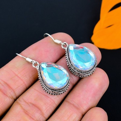 Mystic Topaz Gemstone Handmade 925 Sterling Silver Jewelry Earring 1.51''