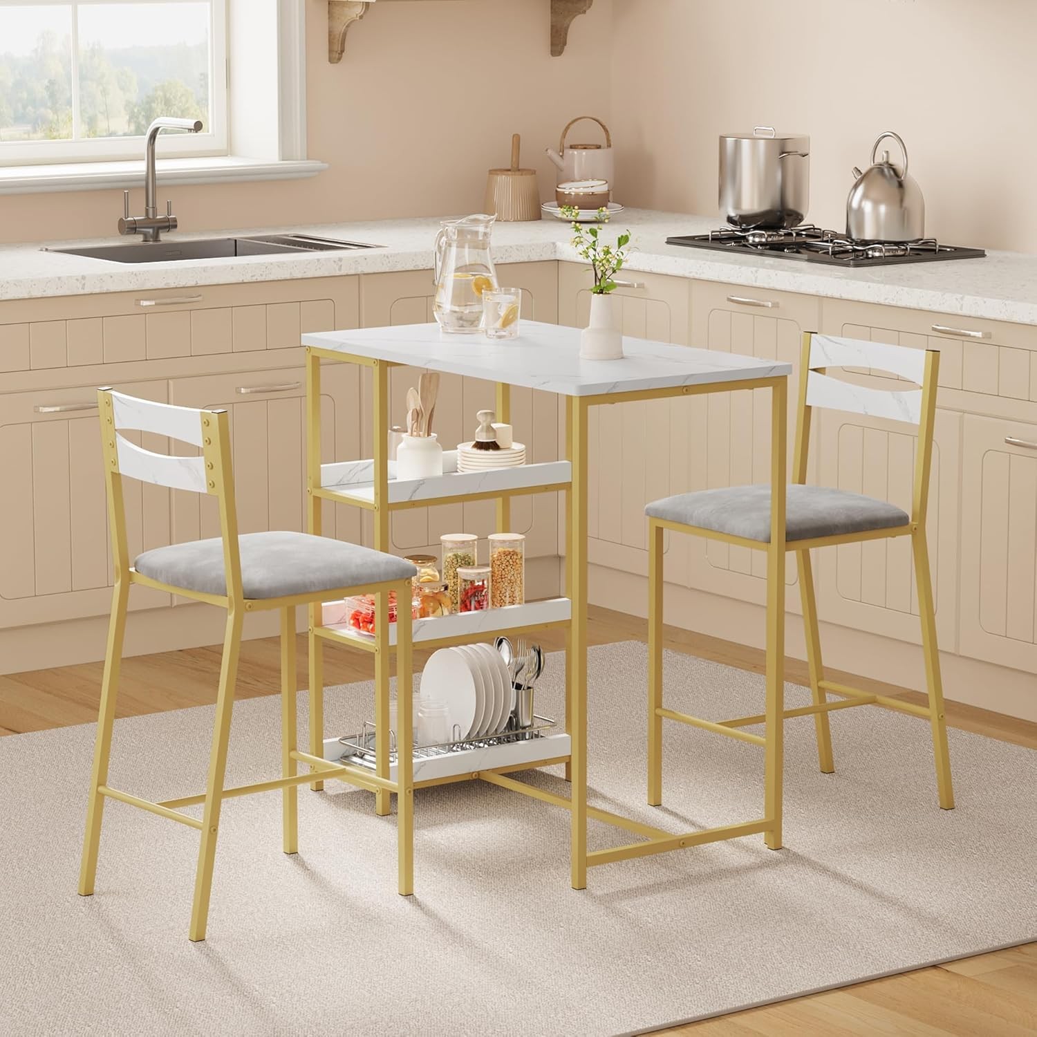 GiantexUK 3PCS Dining Table and Chairs Set, Metal Frame Breakfast Table and Folding Chairs with Shelves & Anti-toppling Device, Retro Bar Table Set for Home Kitchen Dining Living Room (Antique) 11 3Pcs Compact Dining Table 2 Upholstered Chairs Set with Metal Frame,Marble White