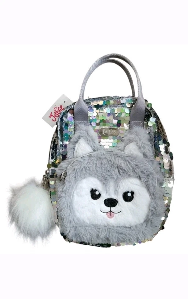 MINI MOCHILA ORIGINAL DE PIEL SINTÉTICA HUSKY LENTEJUELAS PLATEADAS Justice Girls ¡Súper Linda!  Foto 2 de 4