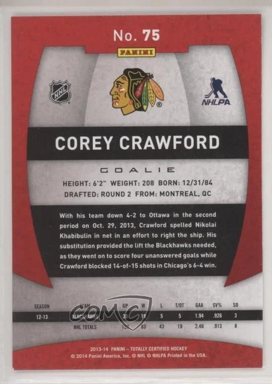 2013-14 Totally Certified Corey Crawford #75 - Image 2 of 2