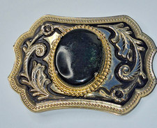 Vintage Western Black Stone Belt Buckle Silver Gold Tone Floral Tooled 3.5"
