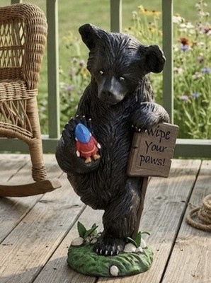 3D Printed Black Bear Stepping On Gnome.  Super Cute!  10  Tall. LOOK!