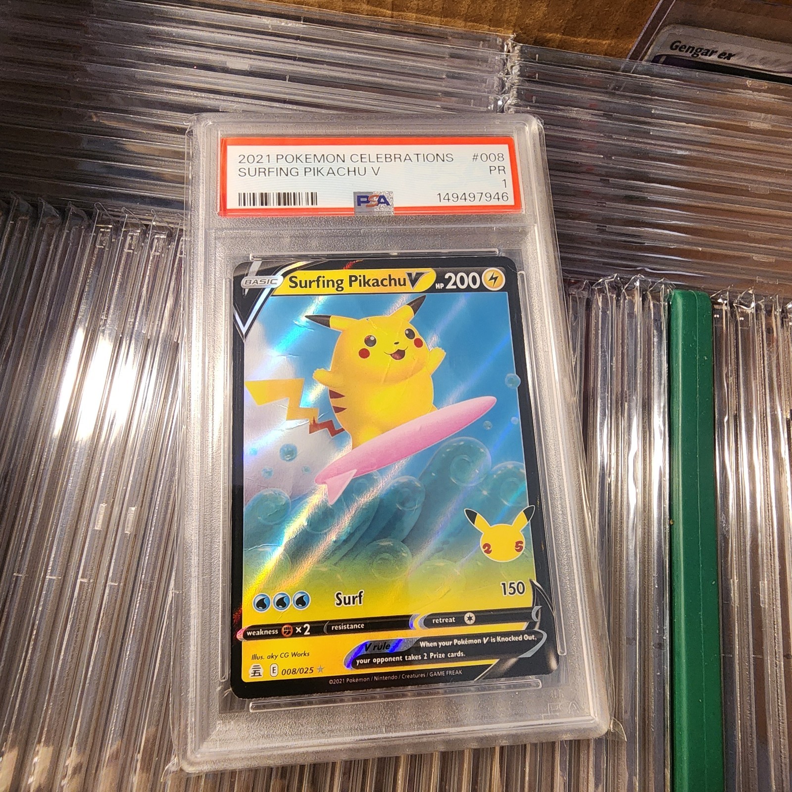 PSA 1 Poor Surfing Pikachu V 008/025 Celebrations Holo