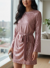 Fashion Nova Pink Sequin Mini Dress Long Sleeve Large