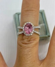 Lab Created Pink Sapphire 2Ct Oval Cut Halo Wedding Ring 14K White Gold Plated
