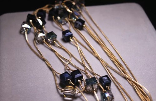 14k Gold Plated Long Double Strand Necklace made w Swarovski Crystal Blue Stone - Picture 3 of 12