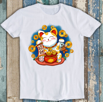 T-Shirt Maneki Neko lächelndes Gesicht Glückskatze lustig Geschenk 1794