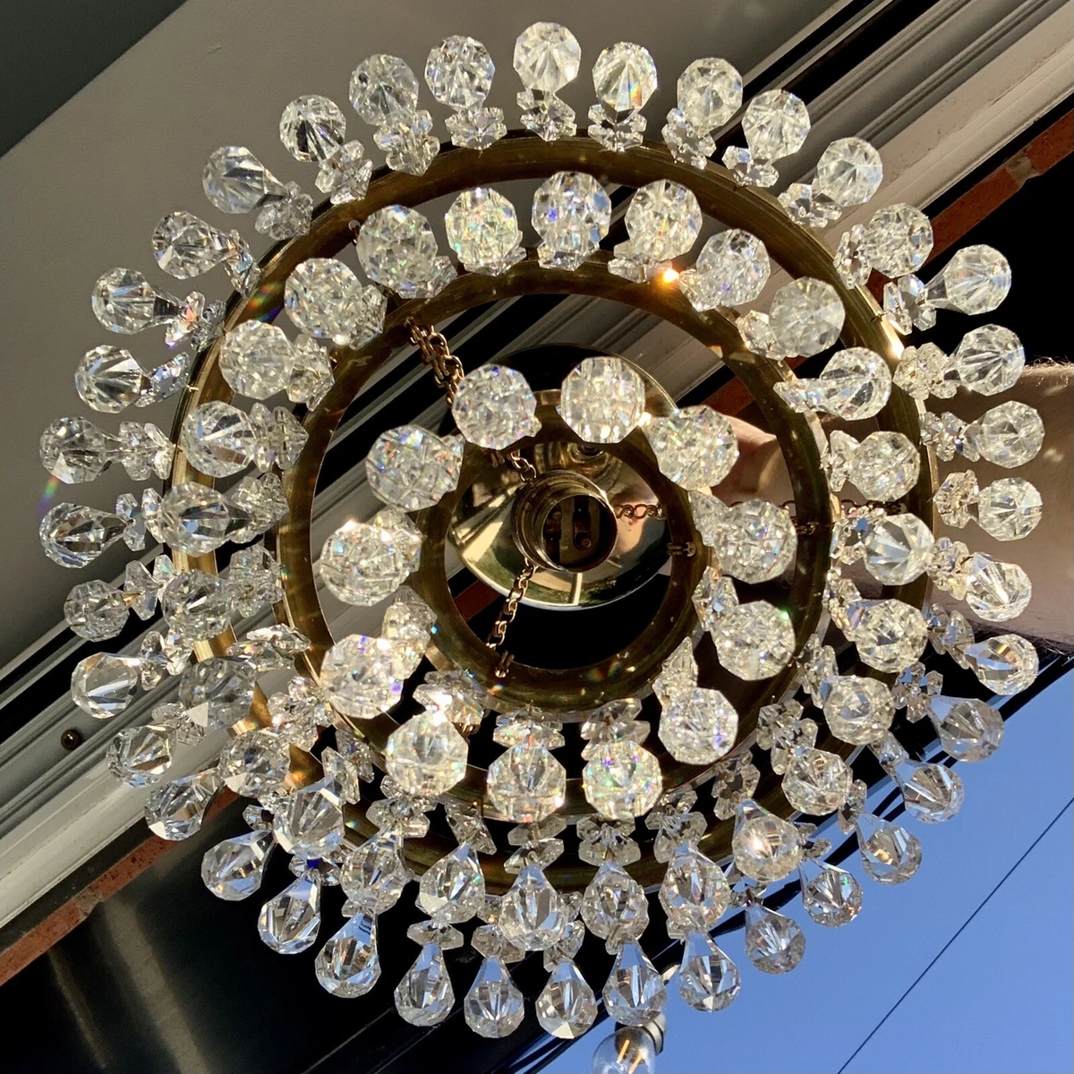 Vintage Crystal Chandelier Brass Frame Three Tier Cut Crystal Retro Light Old
