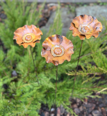 Rusty flowers set of 3,California Popy flowers garden stakes, Metal garden decor