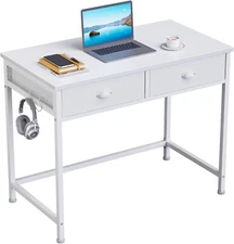 White Small Computer Desk With 2 Fabric Drawers, 34 Inch Simple Home O