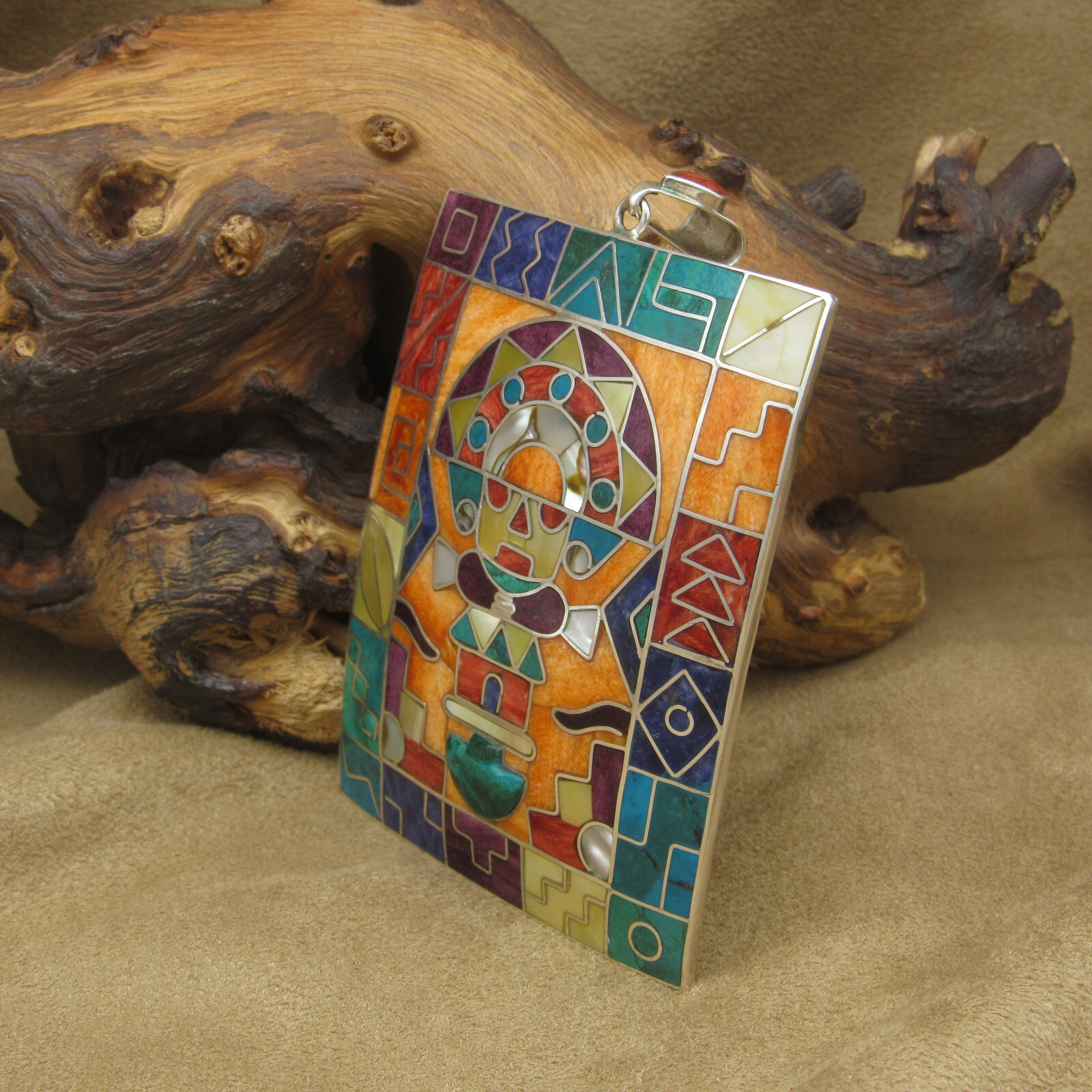 Sterling Silver Large Rectangular Colorful Inlaid… - image 3